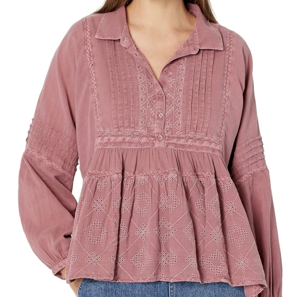 Lucky Brand Women's Mauve Embroidered Long Sleeve Bohemian Blouse